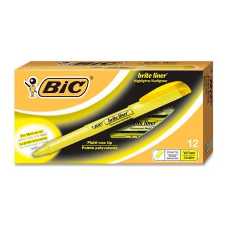 Bic Bic Brite Liner Highlighter with Pocket Clip, Chisel Tip, Yellow Ink, Dozen BL11YW